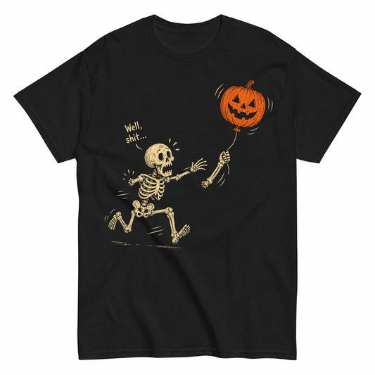 Skeleton Lost Balloon Well Shit Funny Saying Quote Halloween Shirt in Black – product view