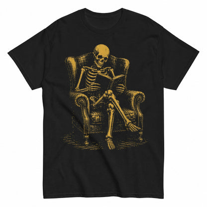 Skeleton Reading With Black Cat Funny Halloween Shirt in Black – product view
