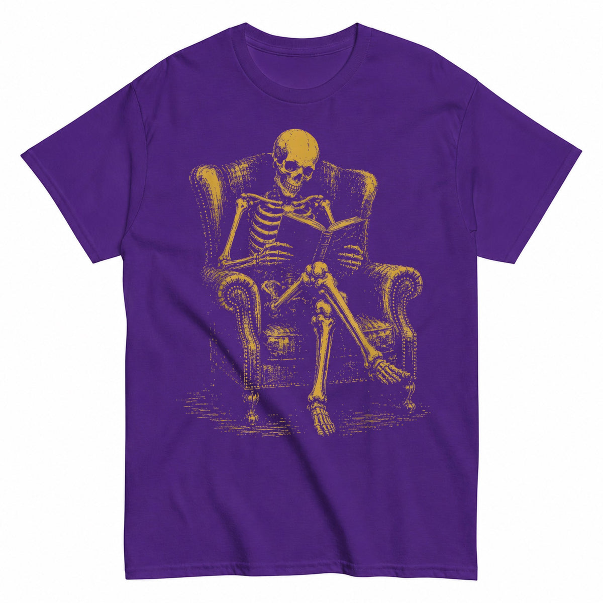 Skeleton Reading With Black Cat Funny Halloween Shirt in Blue – product view