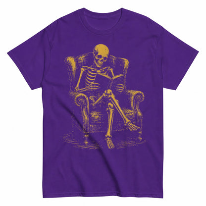 Skeleton Reading With Black Cat Funny Halloween Shirt in Blue – product view