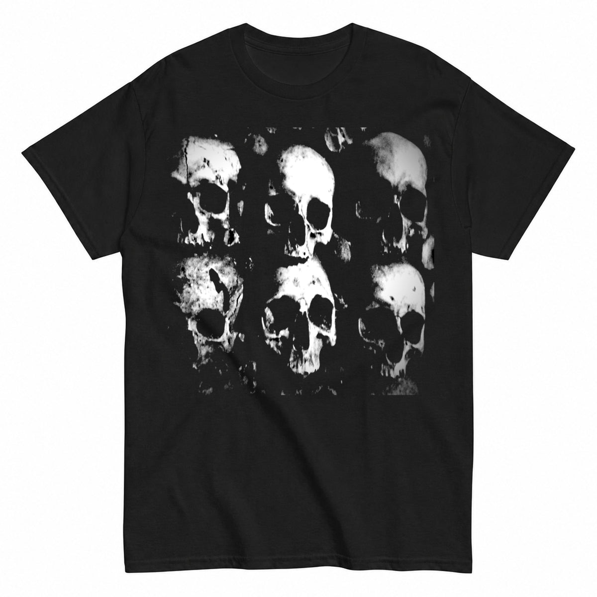 Skull Repeat Pattern Halloween Shirt in Black – product view