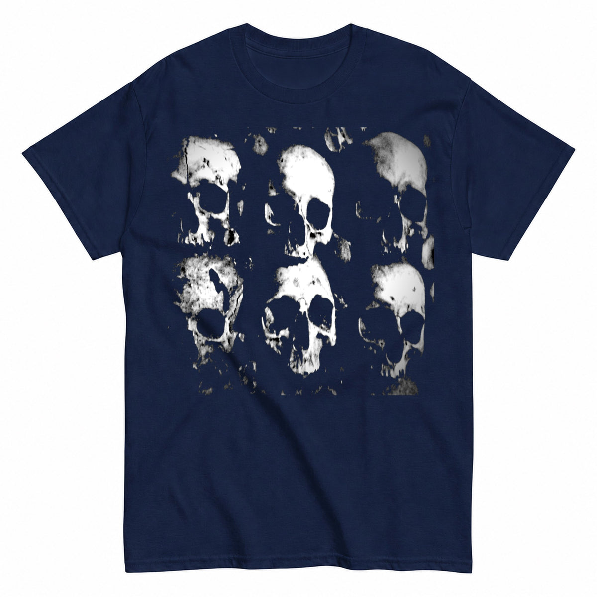 Skull Repeat Pattern Halloween Shirt in Navy – product view