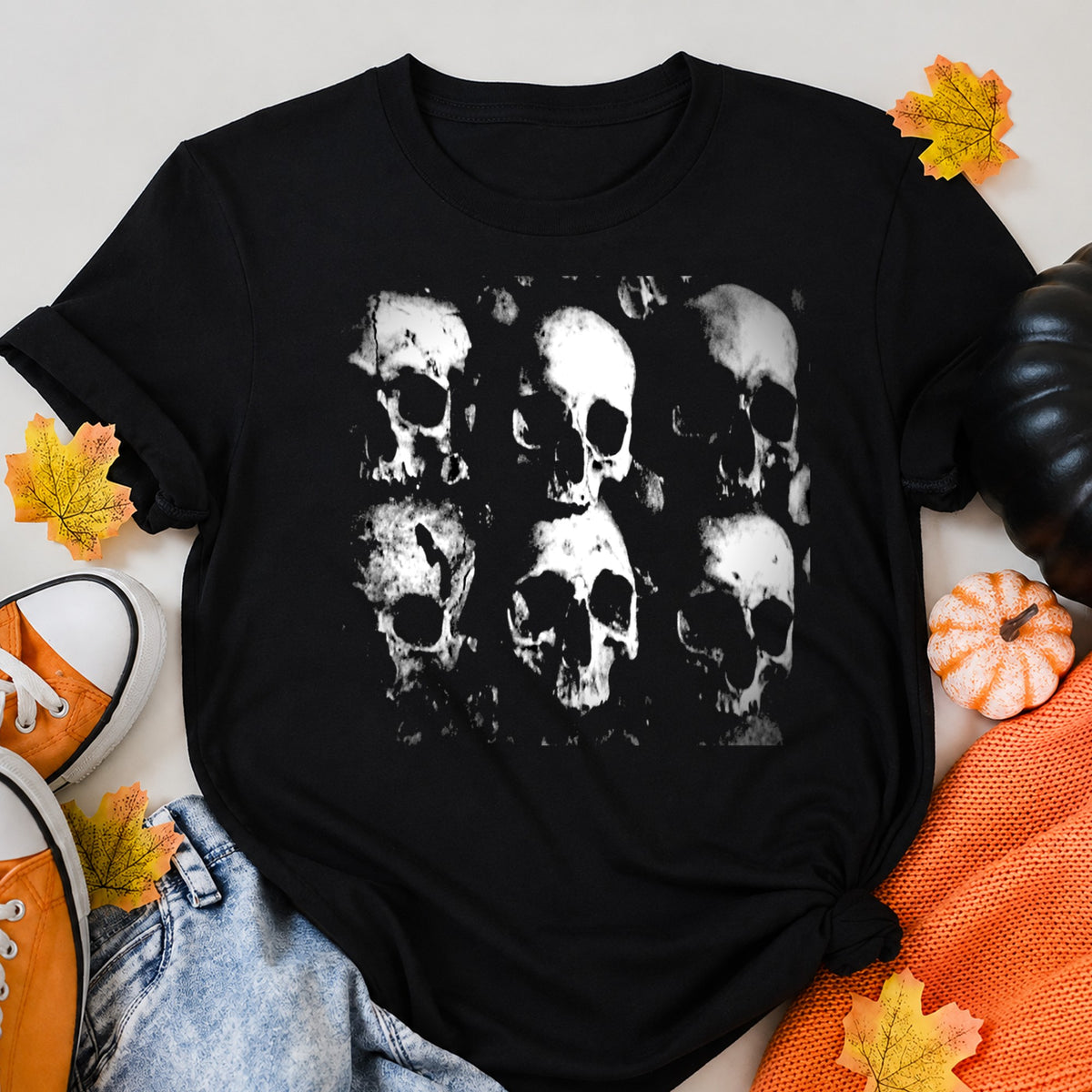 Skull Repeat Pattern Halloween Shirt in Black – alternate view