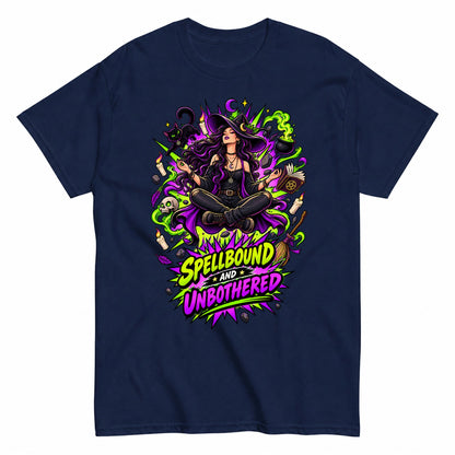 Spellbound And Unbothered Comic Witch Shirt Halloween Shirt in Navy – product view
