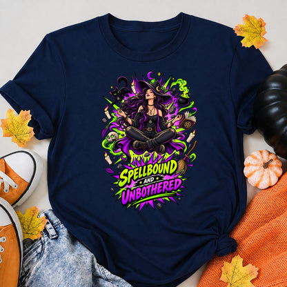 Spellbound And Unbothered Comic Witch Shirt Halloween Shirt in Navy – alternate view