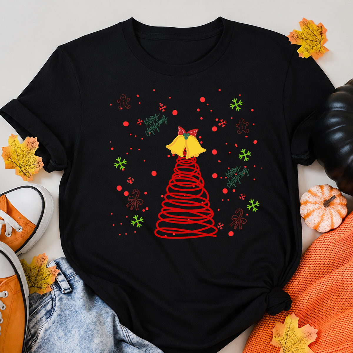 Spiral Christmas Tree And Bells T-Shirt - product view 5
