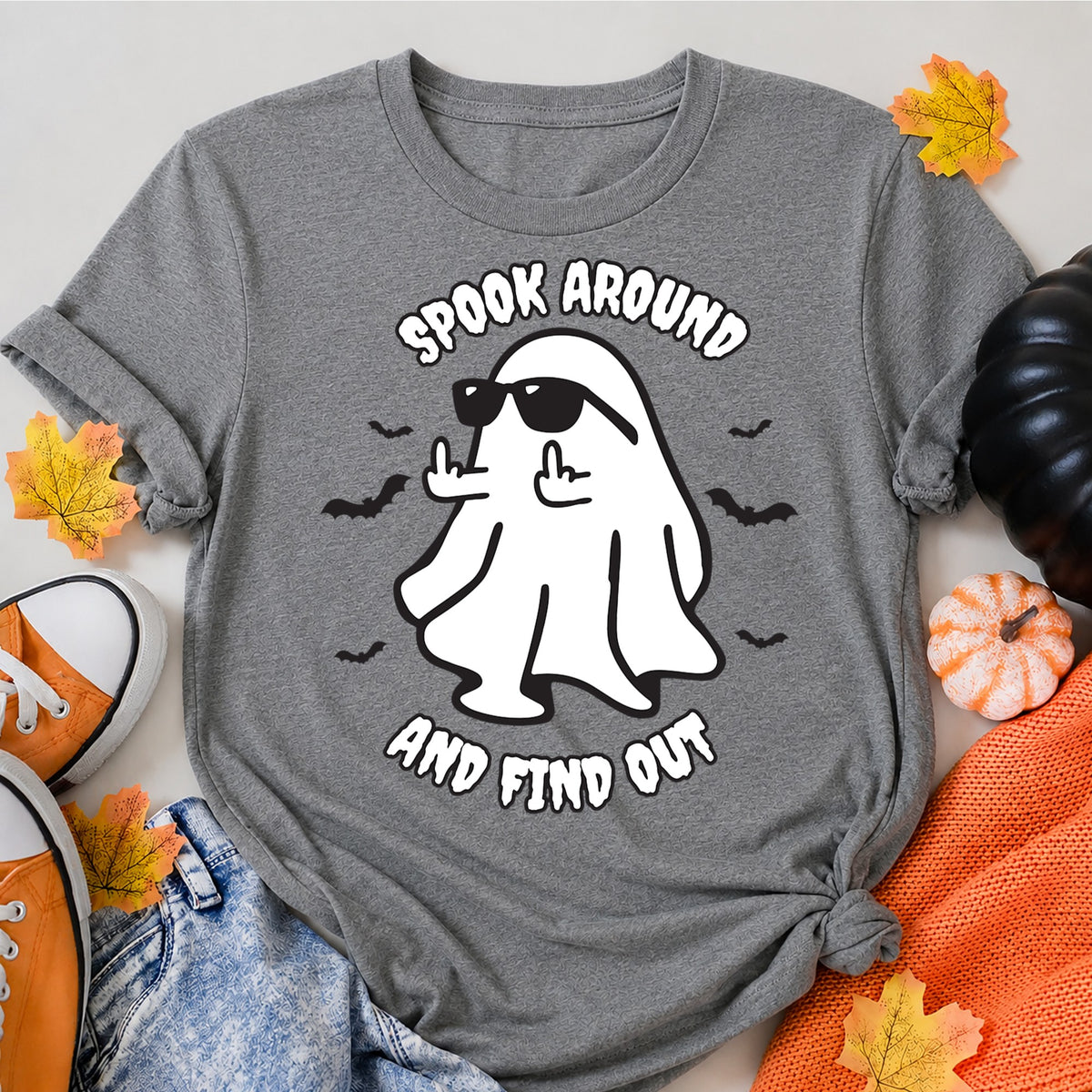 Spook Around And Find Out Halloween Shirt in Grey – alternate view