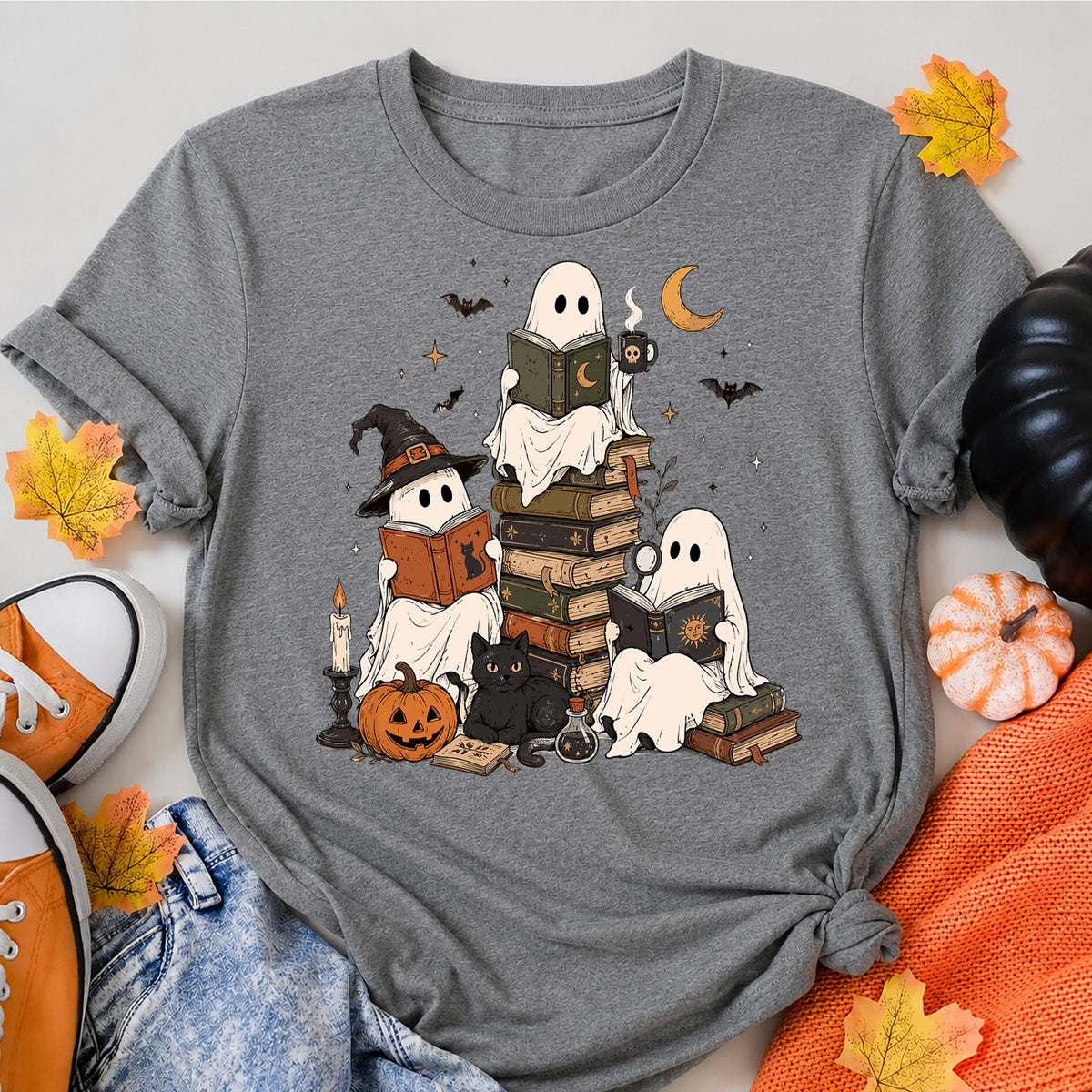 Spooky Ghosts Halloween Reading Club Art Halloween Shirt in Grey – alternate view