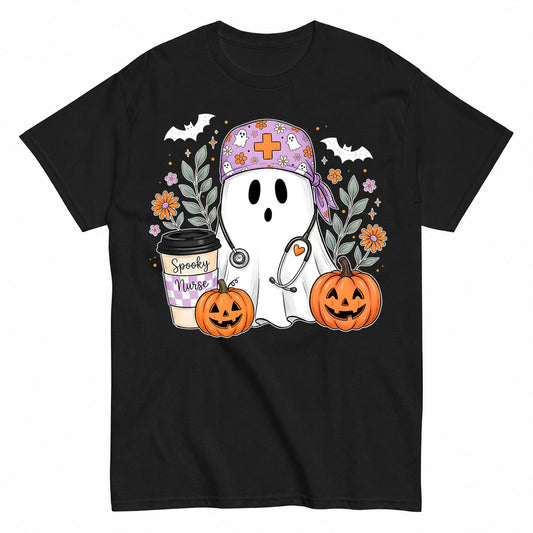 Spooky Nurse Ghost Halloween Shirt in Black – product view