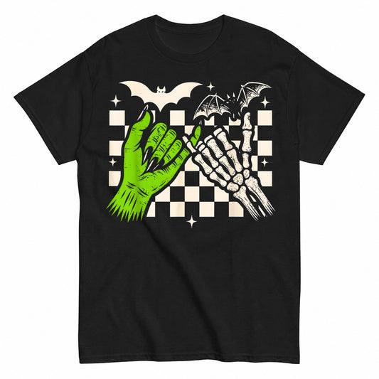 Spooky Season Halloween Vibes Pinky Promise Skeleton Bat Halloween Shirt in Black – product view