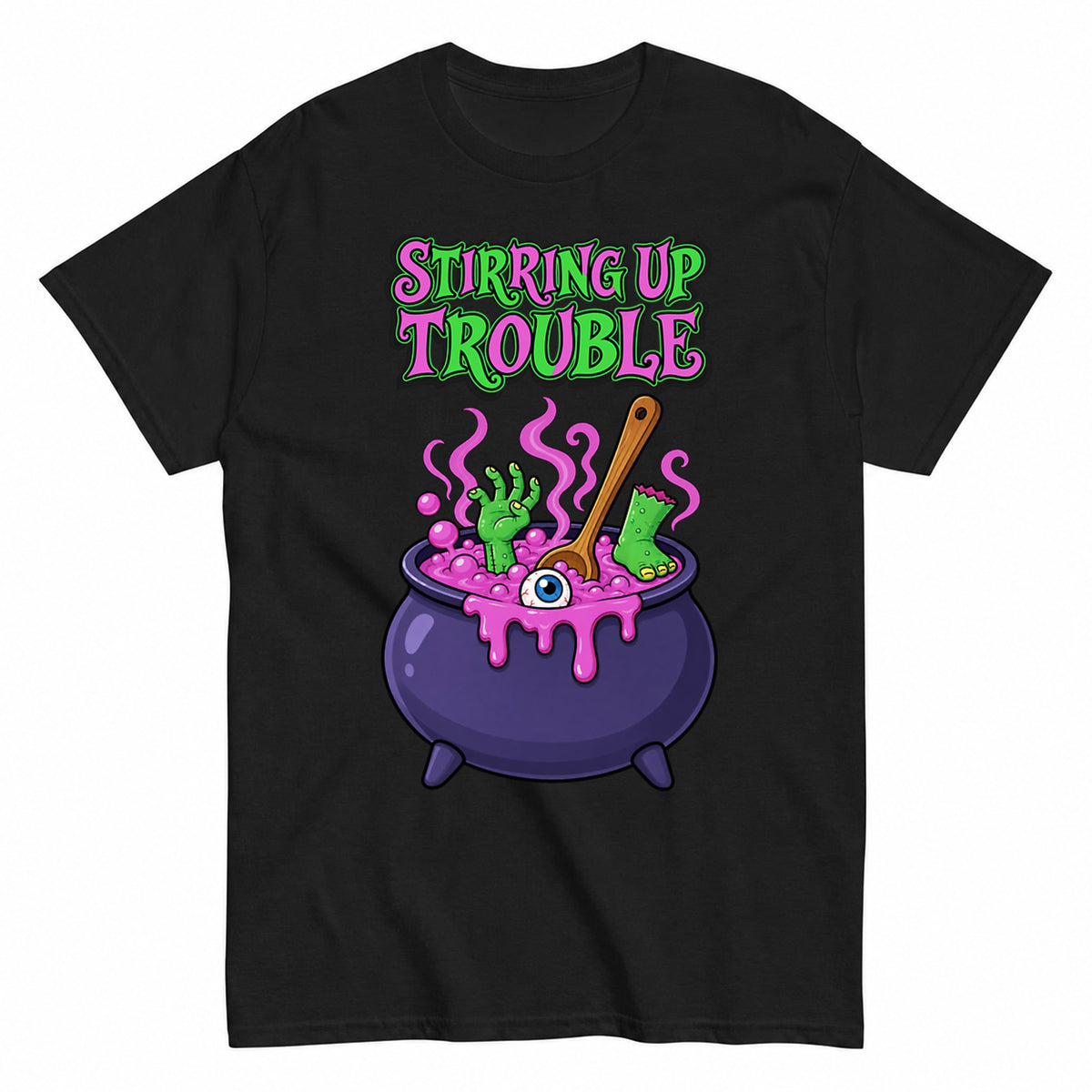 Stirring Up Trouble Funny Witch Cauldron Halloween Shirt in Black – product view