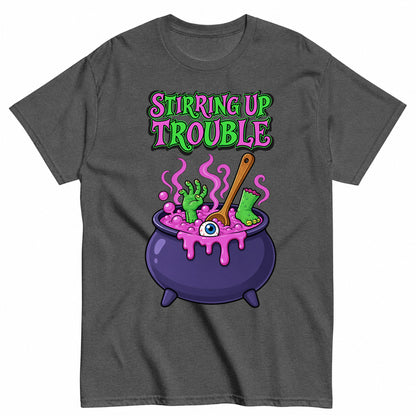 Stirring Up Trouble Funny Witch Cauldron Halloween Shirt in Grey – product view