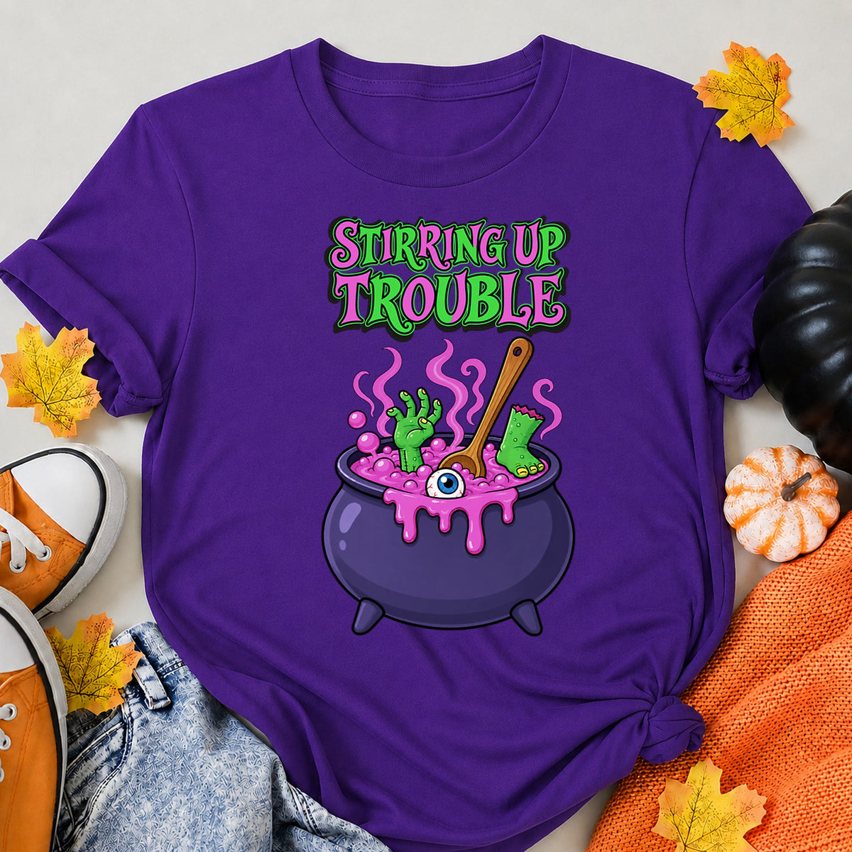 Stirring Up Trouble Funny Witch Cauldron Halloween Shirt in Blue – alternate view