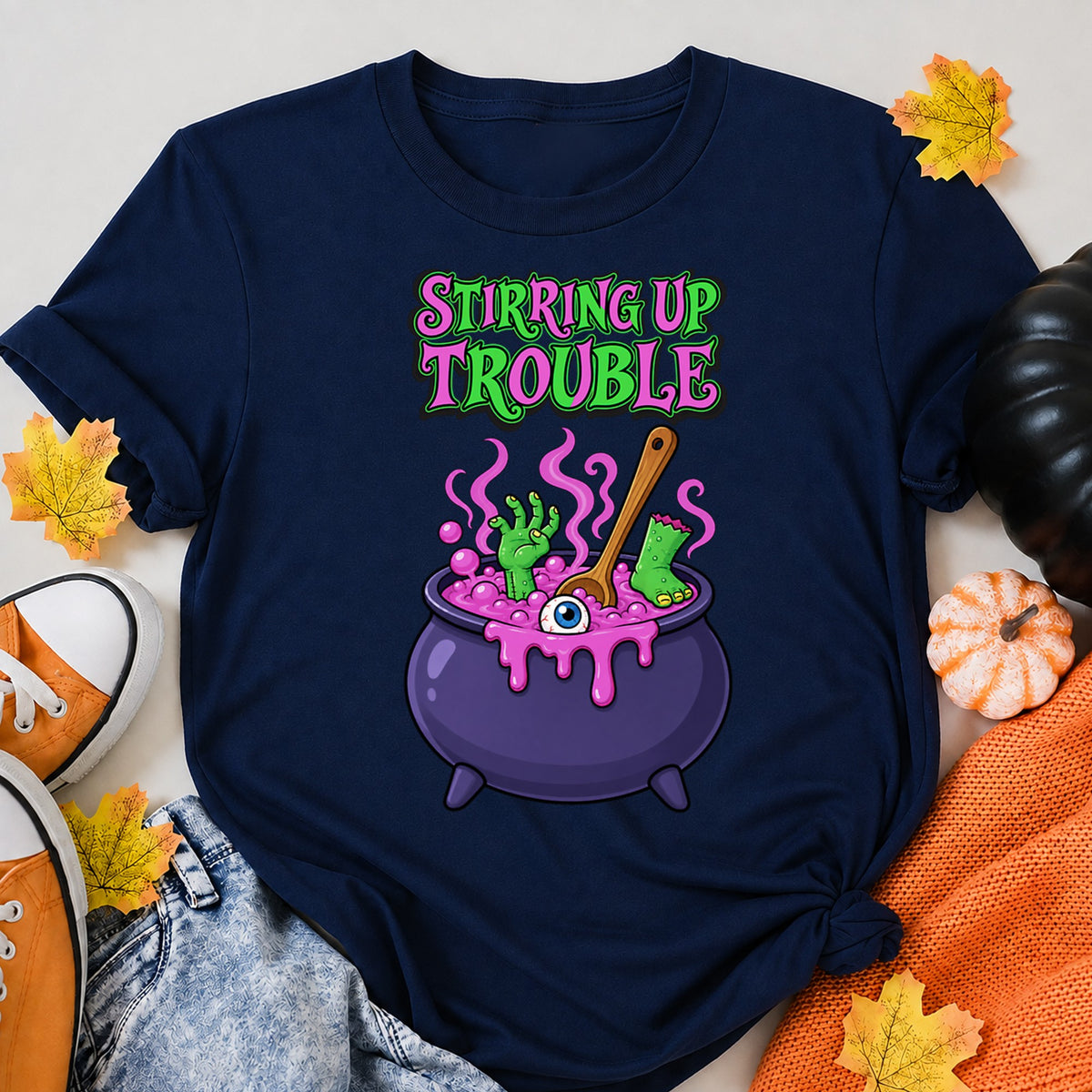 Stirring Up Trouble Funny Witch Cauldron Halloween Shirt in Navy – alternate view