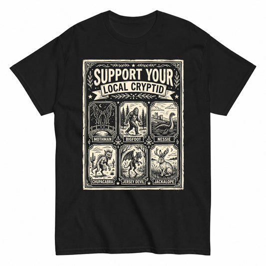 Support Your Local Cryptid Halloween Creatures Halloween Shirt in Black – product view