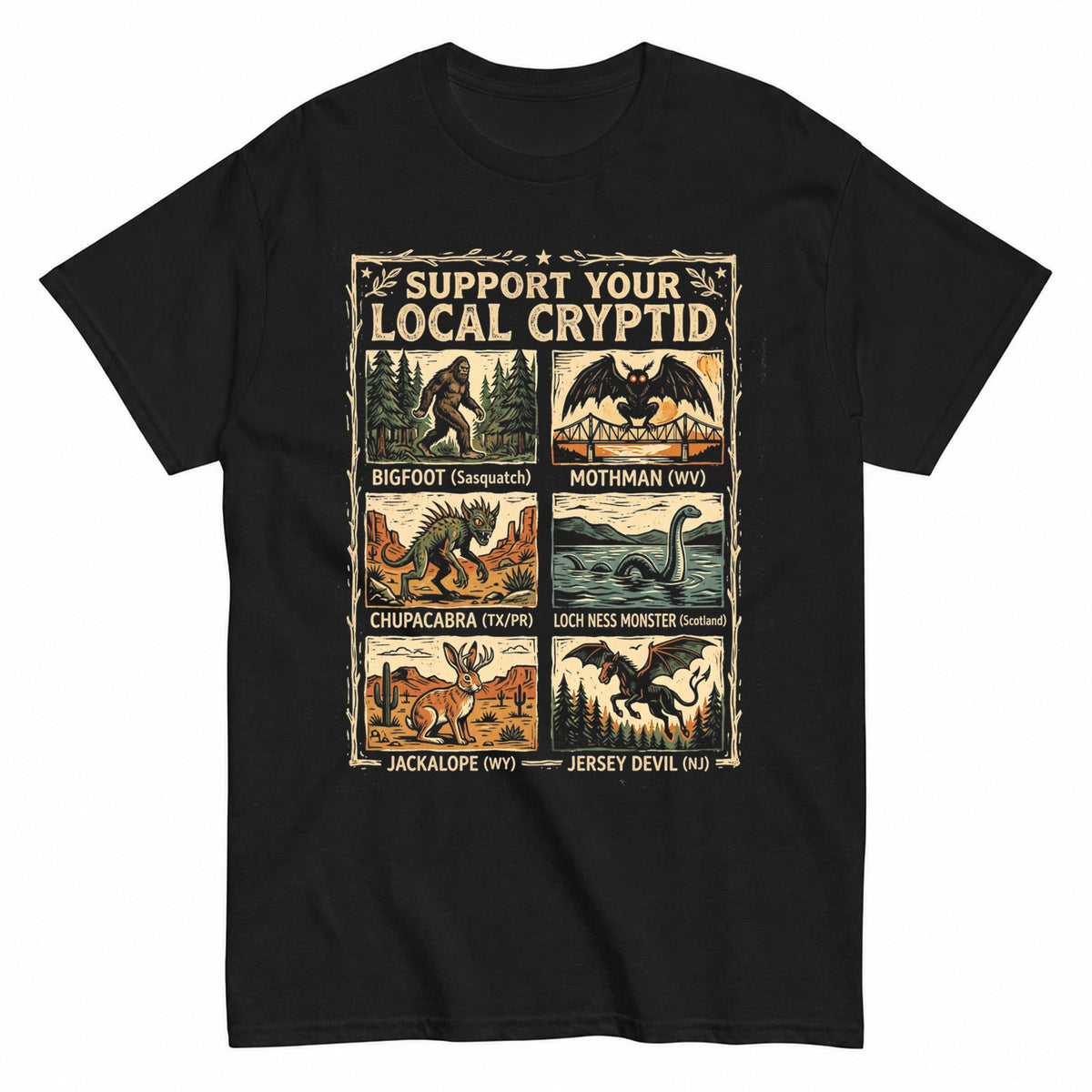 Support Your Local Cryptid Halloween Monster Halloween Shirt in Black – product view