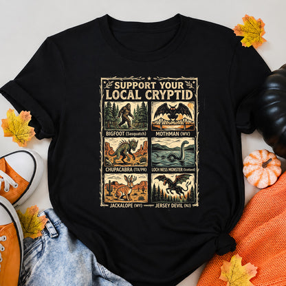 Support Your Local Cryptid Halloween Monster Halloween Shirt in Black – alternate view