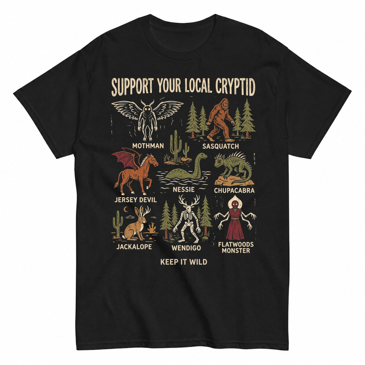 Support Your Local Cryptid Halloween Monsters Halloween Shirt in Black – product view