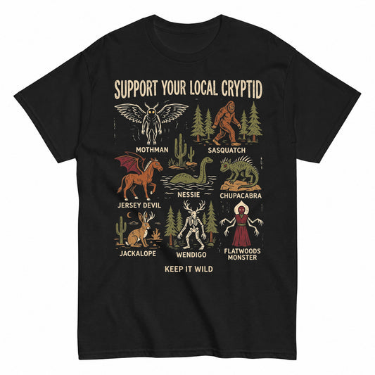 Support Your Local Cryptid Halloween Monsters Halloween Shirt in Black – product view