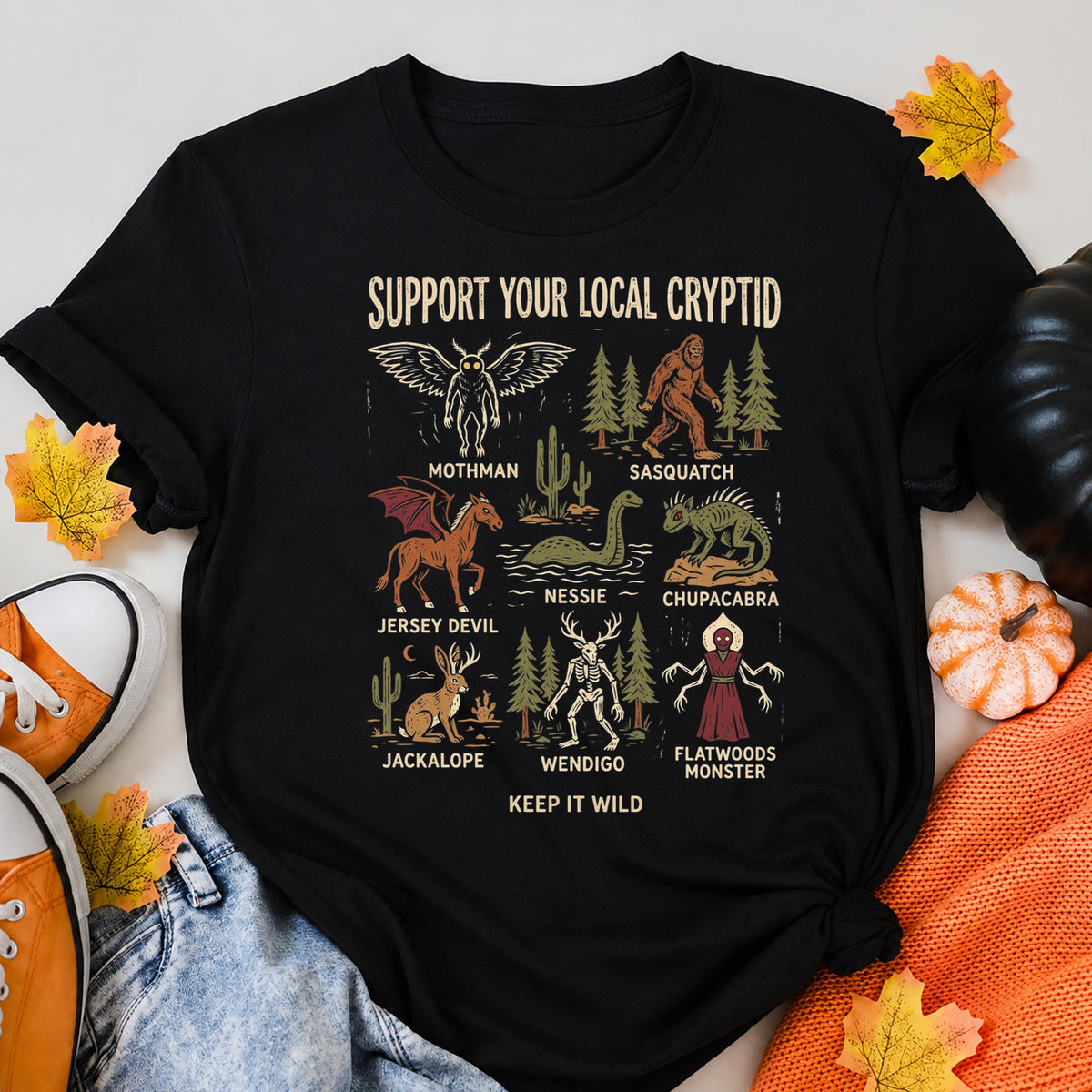 Support Your Local Cryptid Halloween Monsters Halloween Shirt in Black – alternate view