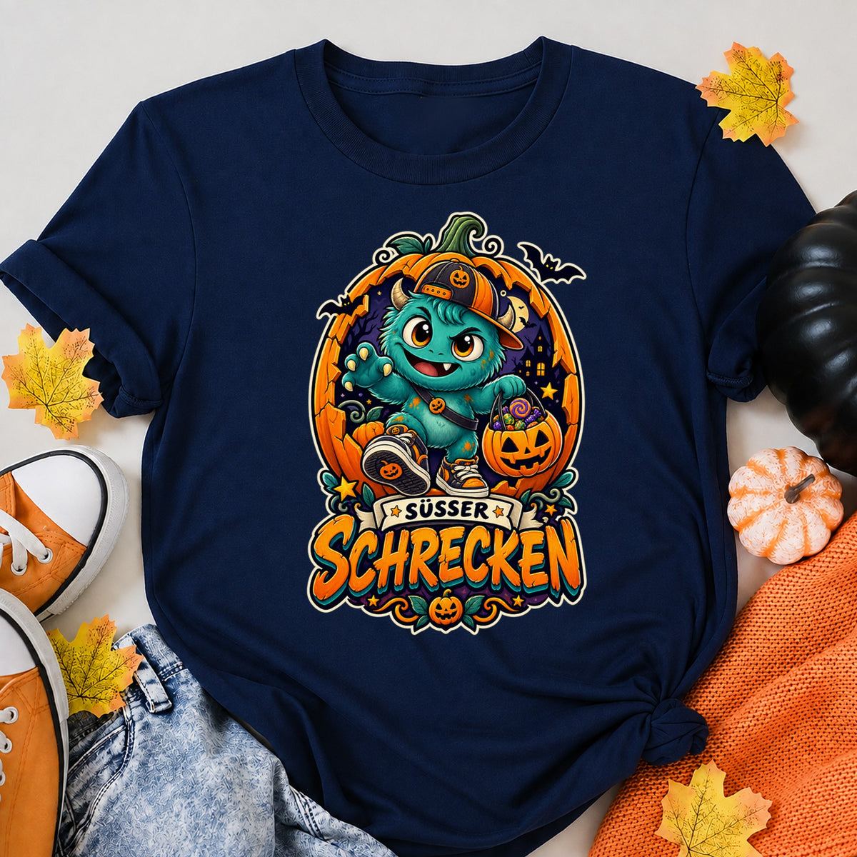 Sweet Terror Cool Halloween Monster For Boys Halloween Shirt in Navy – alternate view