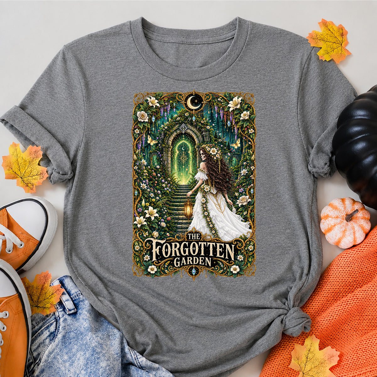 The Forgotten Garden Gothic Skeleton Halloween Shirt in Grey – alternate view