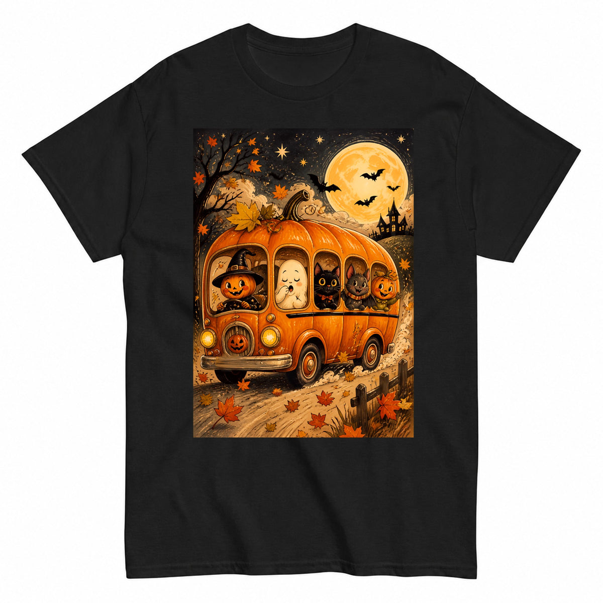 The Halloween Pumpkin Bus Halloween Shirt in Black – product view