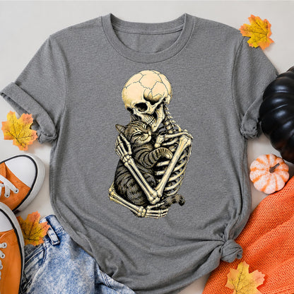 The Lovers Tarot Card Skeleton Hugging Cat Halloween Shirt in Grey – alternate view