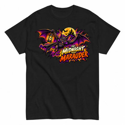 The Midnight Marauder Comic Bat Shirt Halloween Shirt in Black – product view