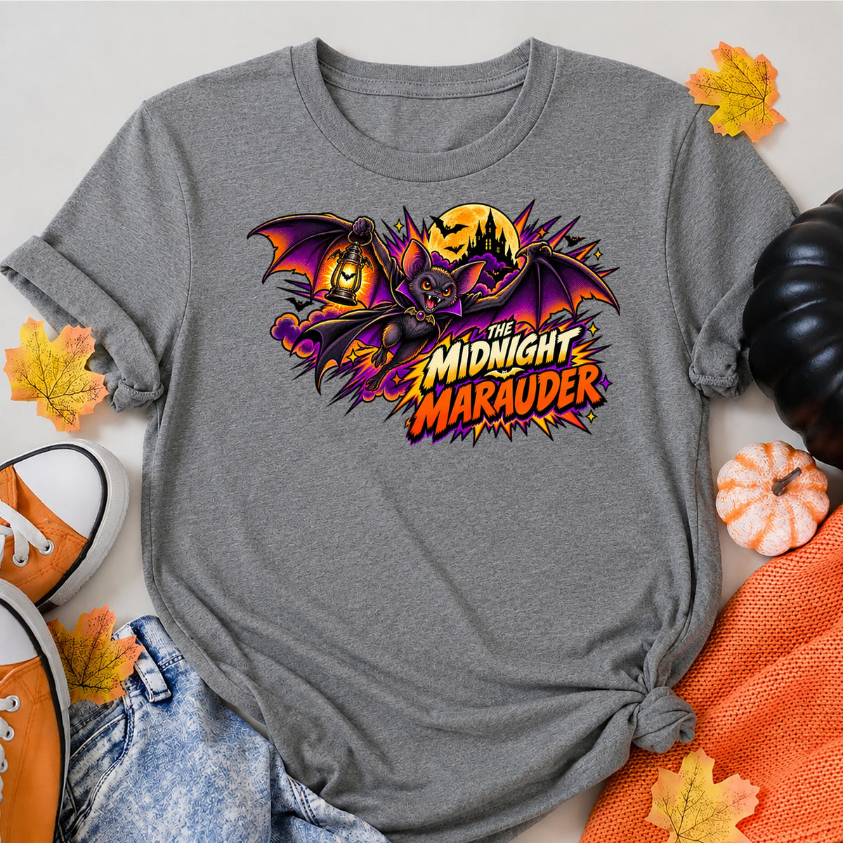 The Midnight Marauder Comic Bat Shirt Halloween Shirt in Grey – alternate view