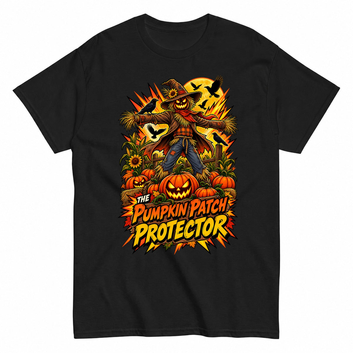 The Pumpkin Patch Protector Comic Scarecrow Shirt Halloween Shirt in Black – product view