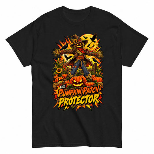 The Pumpkin Patch Protector Comic Scarecrow Shirt Halloween Shirt in Black – product view