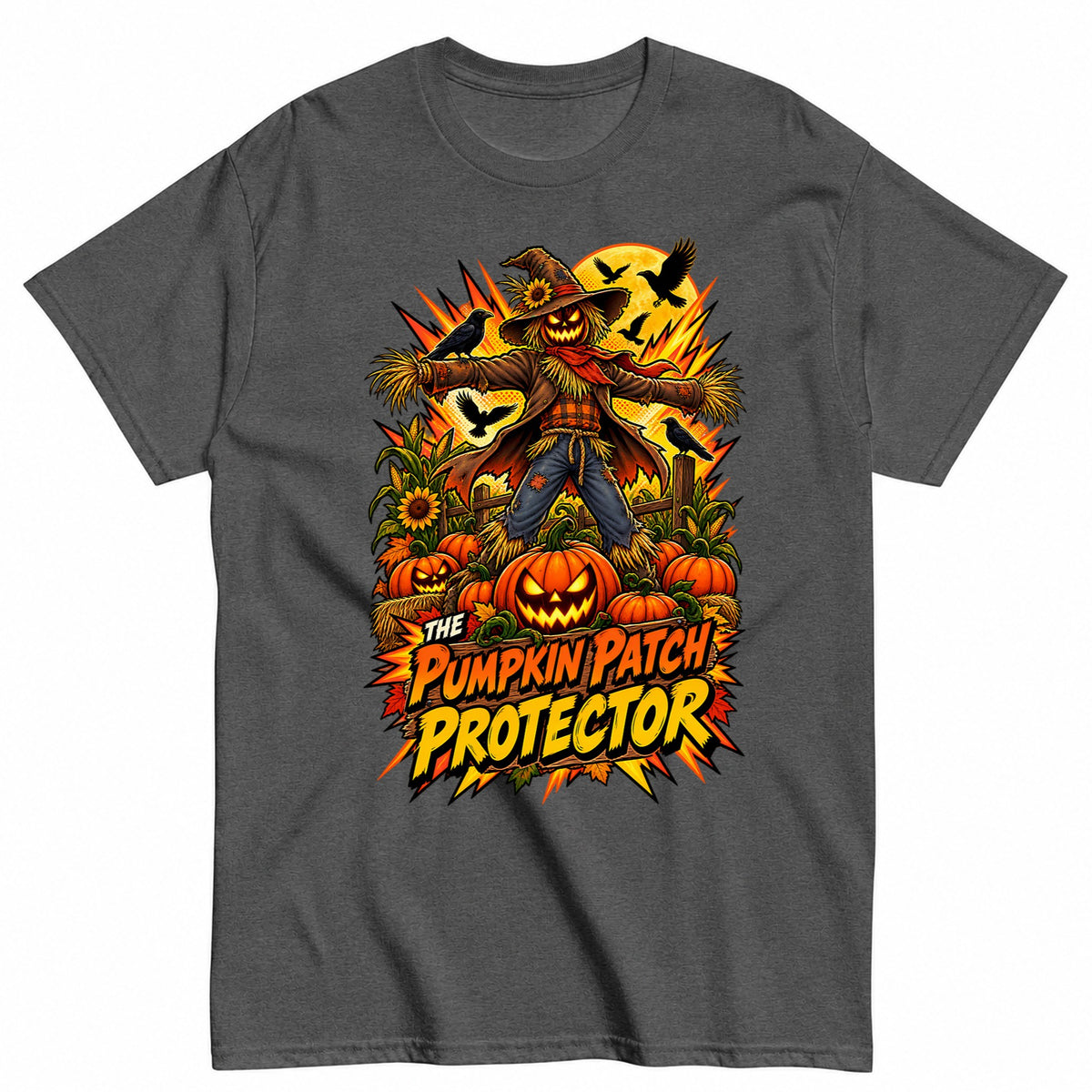 The Pumpkin Patch Protector Comic Scarecrow Shirt Halloween Shirt in Grey – product view