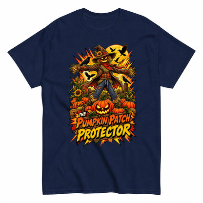 The Pumpkin Patch Protector Comic Scarecrow Shirt Halloween Shirt in Navy – product view