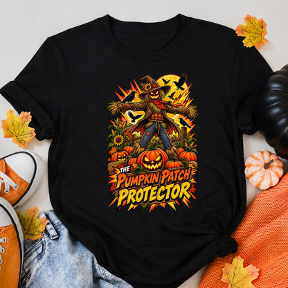 The Pumpkin Patch Protector Comic Scarecrow Shirt Halloween Shirt in Black – alternate view