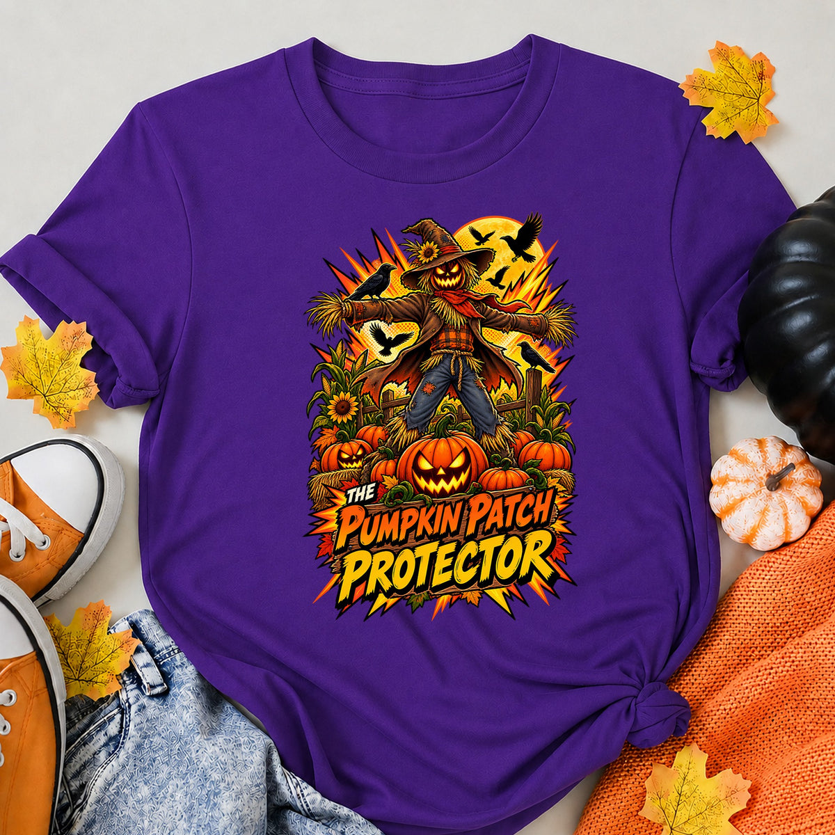 The Pumpkin Patch Protector Comic Scarecrow Shirt Halloween Shirt in Blue – alternate view