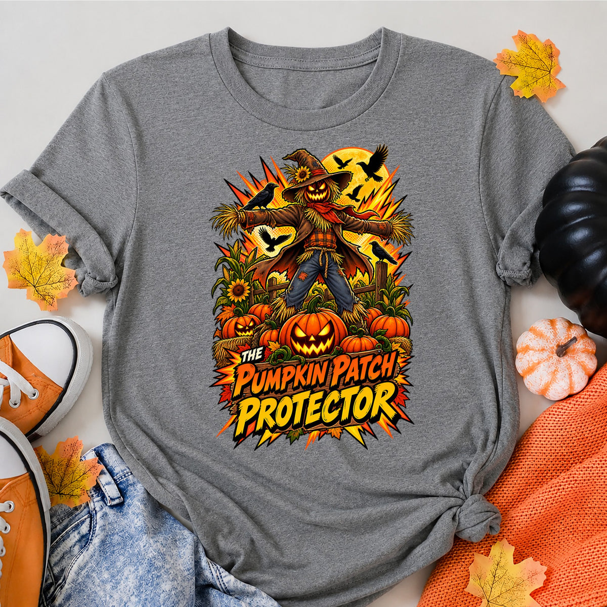 The Pumpkin Patch Protector Comic Scarecrow Shirt Halloween Shirt in Grey – alternate view