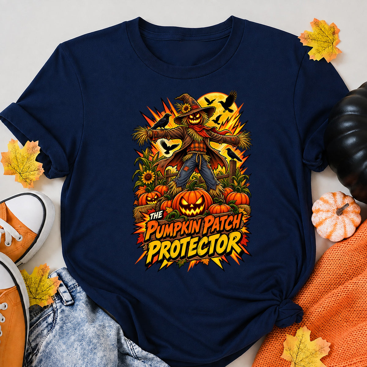 The Pumpkin Patch Protector Comic Scarecrow Shirt Halloween Shirt in Navy – alternate view