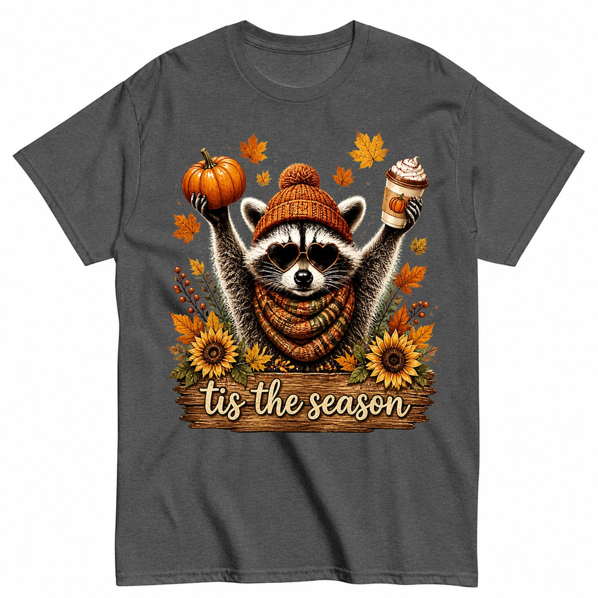 Tis The Season Raccoon Fall Pumpkin Spice Latte Canada Maple Leaf Christmas T-Shirt - product view 3