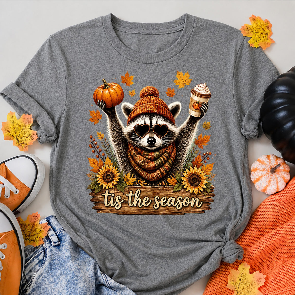 Tis The Season Raccoon Fall Pumpkin Spice Latte Canada Maple Leaf Christmas T-Shirt - product view 7