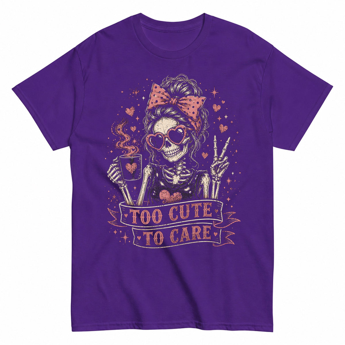 Too Cute To Care Funny Skeleton Messy Bun Graphic Halloween Shirt in Blue – product view