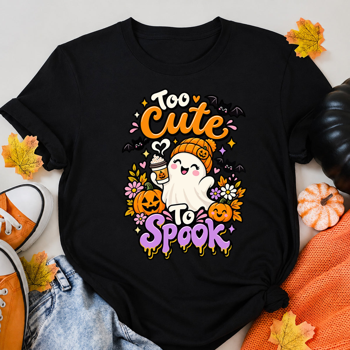 Too Cute To Spook Cute Halloween Ghost Halloween Shirt in Black – alternate view