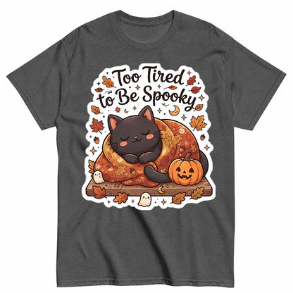Too Tired To Be Spooky - Cute Sleeping Black Cat Fall Halloween Shirt in Grey – product view