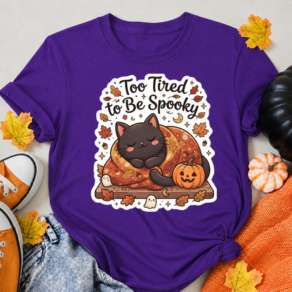 Too Tired To Be Spooky - Cute Sleeping Black Cat Fall Halloween Shirt in Blue – alternate view