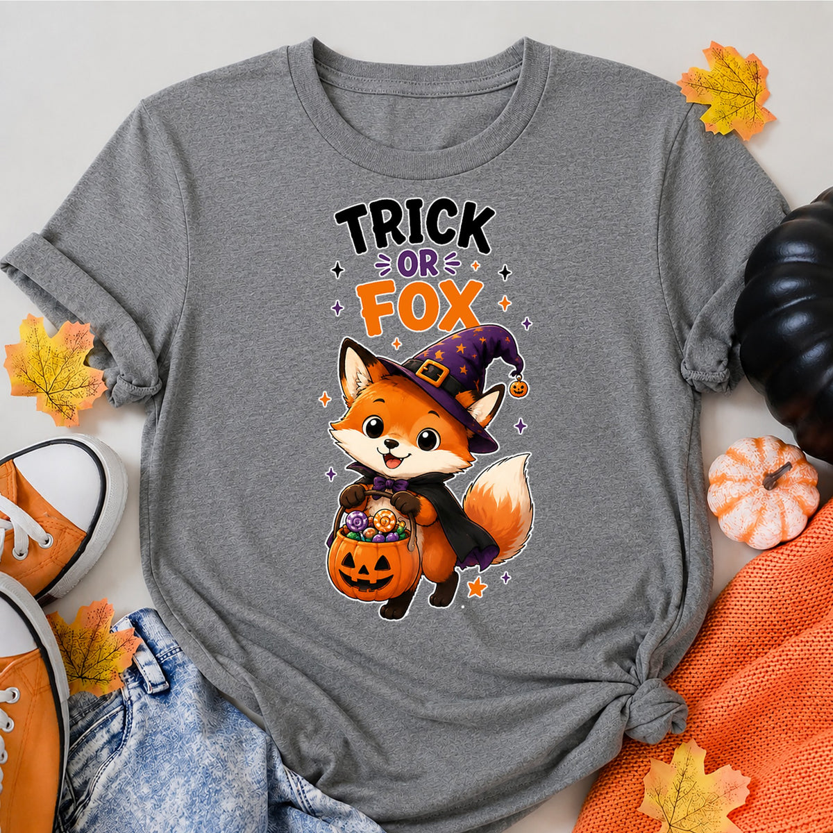 Trick Or Fox Halloween Shirt in Grey – alternate view