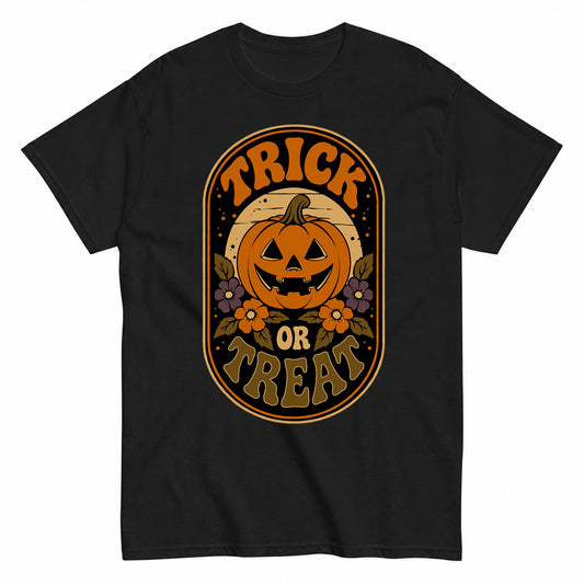 Trick Or Treat Pumpkin T-Shirt Vintage Halloween Jack O Lantern Retro Design Halloween Shirt in Black – product view