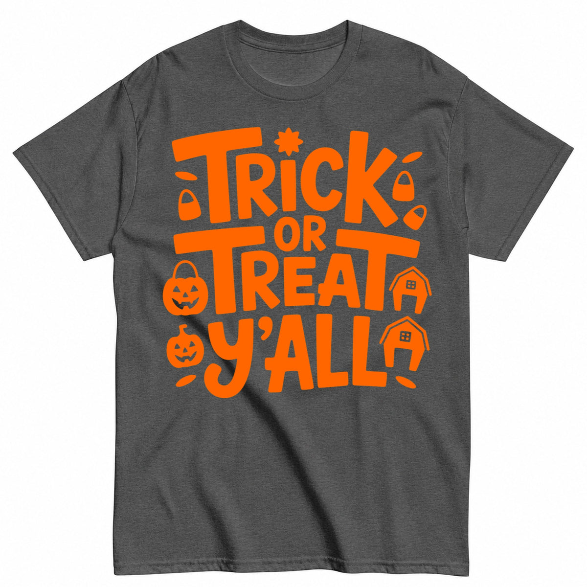 Trick Or Treat Yall Halloween Shirt in Grey – product view