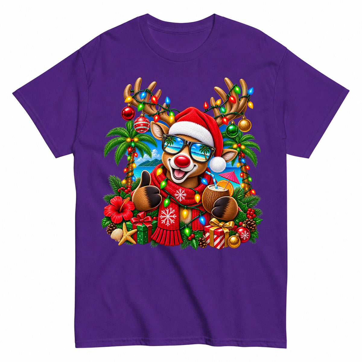 Tropical Ugly Christmas Reindeer Sweater T-Shirt - product view 2