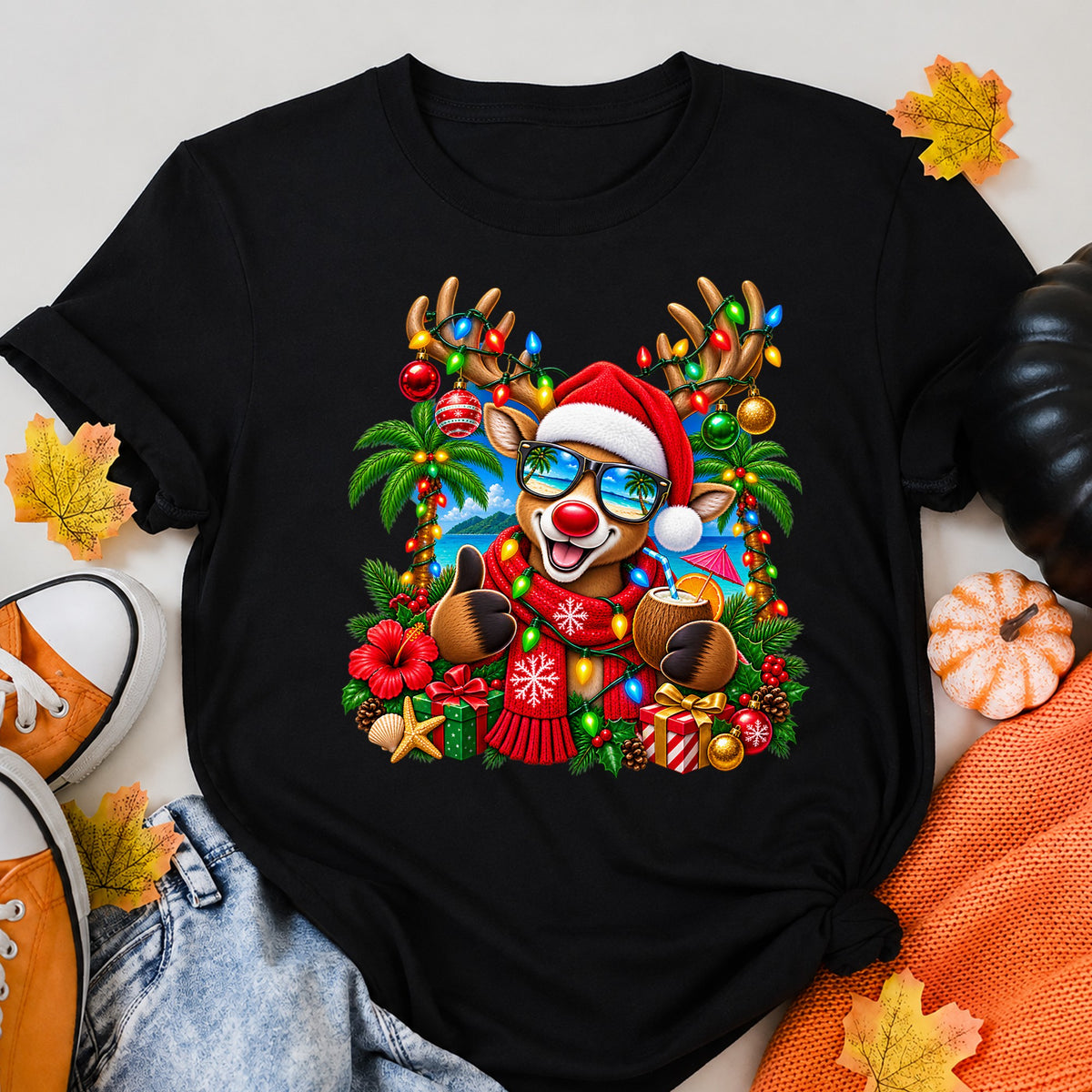 Tropical Ugly Christmas Reindeer Sweater T-Shirt - product view 5