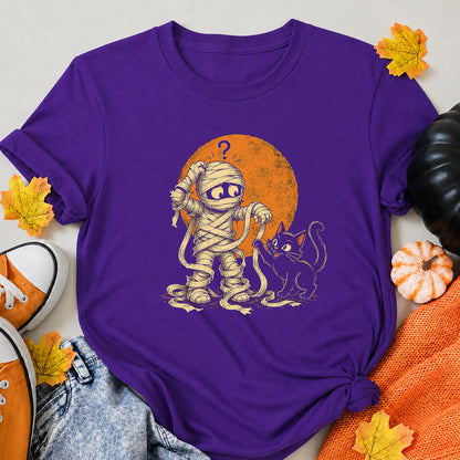 Unwrapped Mummy Cute Halloween Mummy Black Cat Art Halloween Shirt in Blue – alternate view